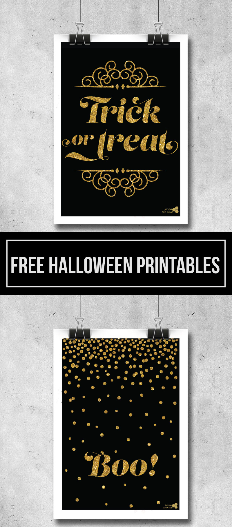 Free Printables for Halloween. Gold and black printables: Boo! and trick or treat. The tiny honeycomb blog 