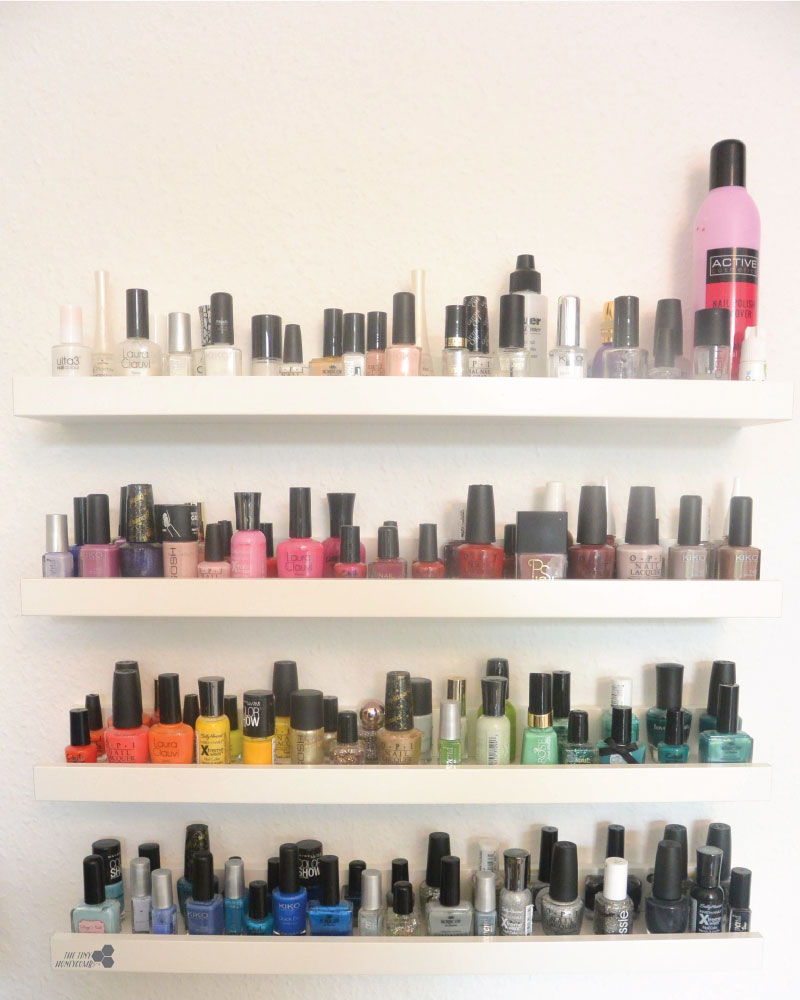 How to easily make a nail polish rack with picture ledges from IKEA. The tiny honeycomb blog