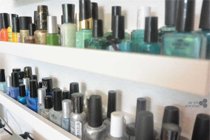 DIY Nail polish rack. Easy and simple with picture ledges from IKEA. The tiny honeycomb blog