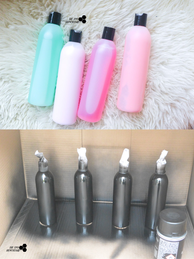 shampoo bottles before and after spray paint