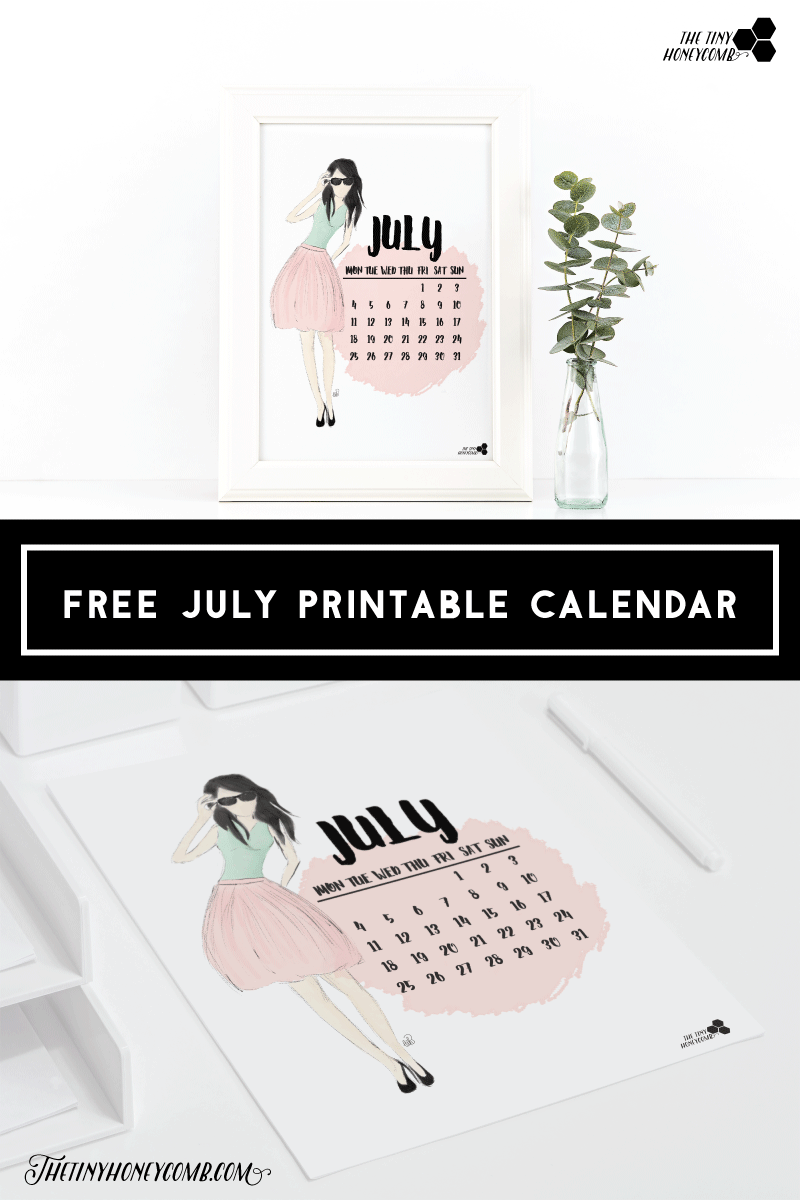 Free july calendar printable. Cute fashion girl for summer. 